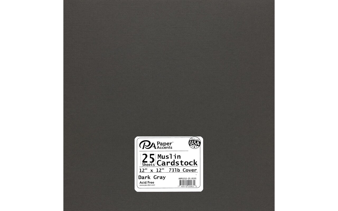 PA Paper Accents Muslin Cardstock 12&#x22; x 12&#x22; Dark Gray, 73lb colored cardstock paper for card making, scrapbooking, printing, quilling and crafts, 25 piece pack